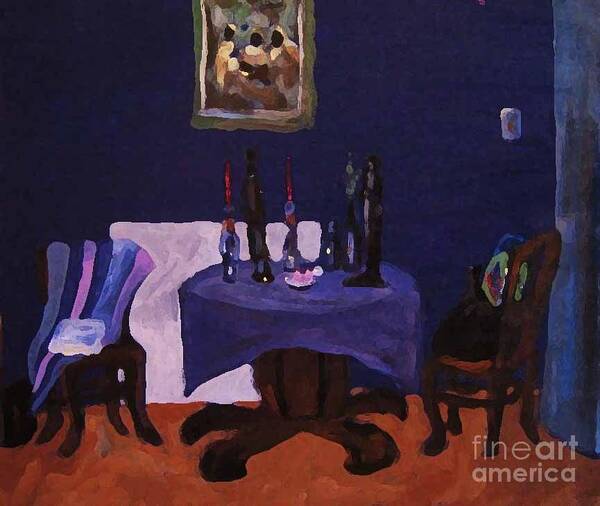 Talbe Chairs Dining Room Candles Blue Painting Poster featuring the painting The Dining Room by Reb Frost