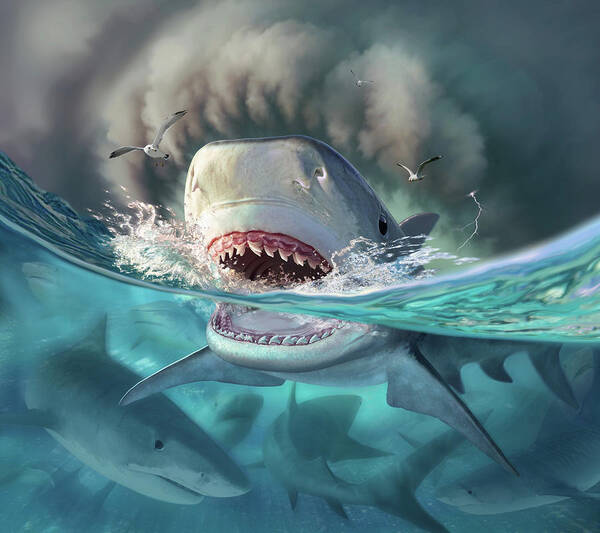 Shark Poster featuring the digital art Tiger Sharks by Jerry LoFaro