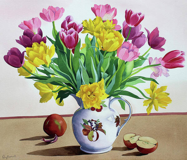 Pink Poster featuring the painting Tulips in Jug with Apples by Christopher Ryland