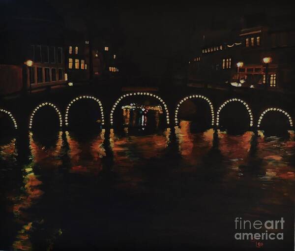 Amsterdam Poster featuring the painting Under a Lighted Bridge in Amsterdam by Cami Lee