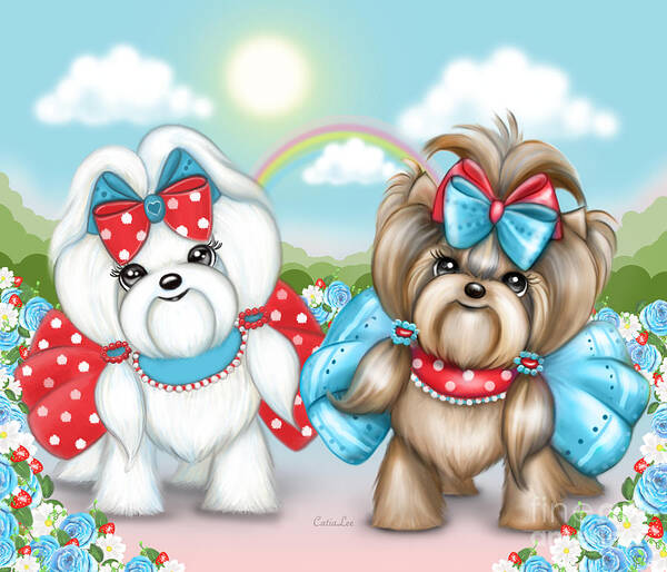 Maltese Poster featuring the painting Welcome Spring Maltese and Yorkie by Catia Lee