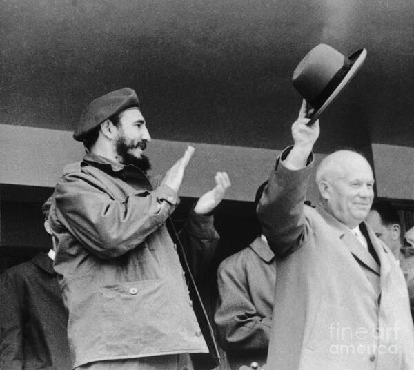 Crowd Of People Poster featuring the photograph Castro And Khrushchev Waving by Bettmann
