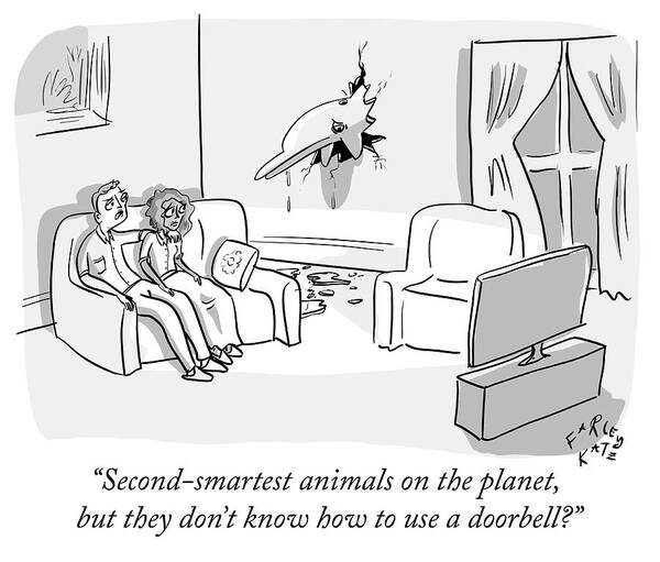 second Smartest Animals On The Planet Poster featuring the drawing Doorbell by Farley Katz