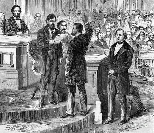 Hiram Rhodes Revels Poster featuring the photograph Hiram Revels Taking Oath Of Office by Bettmann