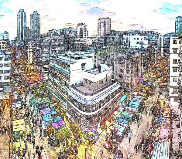 Cityscape Poster featuring the drawing Sham Shui Po District, Kowloon, Hong Kong by Dean Wittle