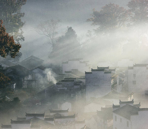 Autumnï¼Œfogï¼Œbuilding Poster featuring the photograph Shicheng Dawn by Robot Boy Zxz