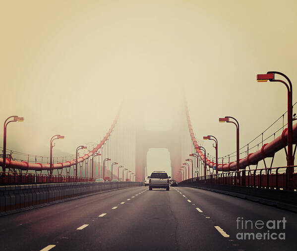 Francisco Poster featuring the photograph Traffic Crossing A Foggy Golden Gate by Stuart Monk