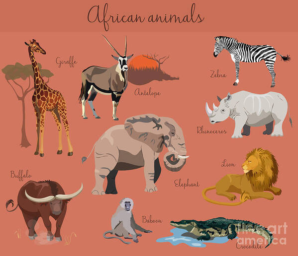 Crocodile Poster featuring the digital art Wild African Animals Set With Nature by Lemberg Vector Studio