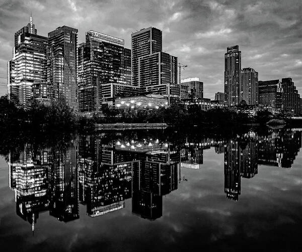 Austin Poster featuring the photograph Austin City Lights Black and White by Jerry Connally