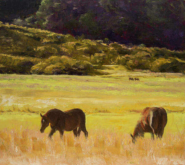 Grazing Poster featuring the painting Grazing Horses by Hone Williams