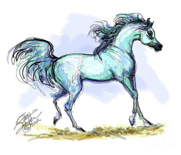 Equestrian Art Poster featuring the digital art Grey Arabian Stallion Watercolor by Stacey Mayer by Stacey Mayer