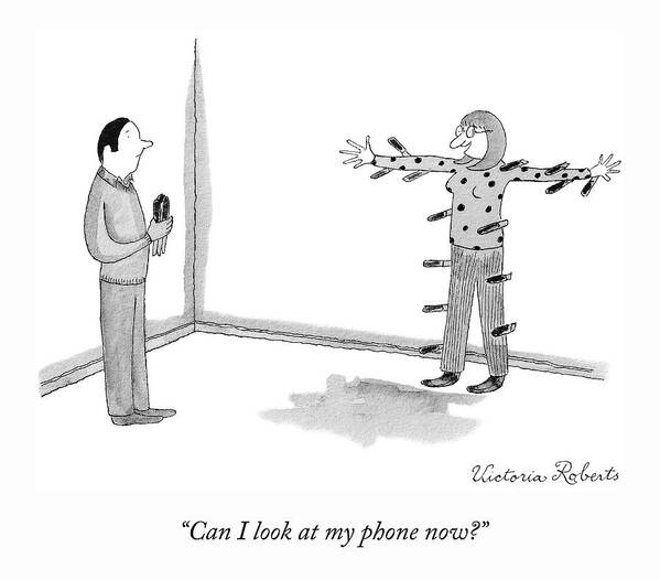 “can I Look At My Phone Now?” Knives Poster featuring the drawing My Phone by Victoria Roberts