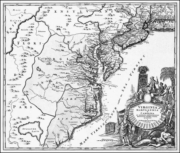 Maryland Map Poster featuring the photograph Virginia Maryland and Carolina Vintage Map 1700 Black and White by Carol Japp