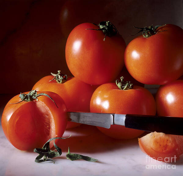 Cut Food Indoors Indoor Inside Knife Knives Nobody Nutrition Sharp Sliced Solanum Lycopersicum Poster featuring the photograph Tomatoes and a knife by Bernard Jaubert