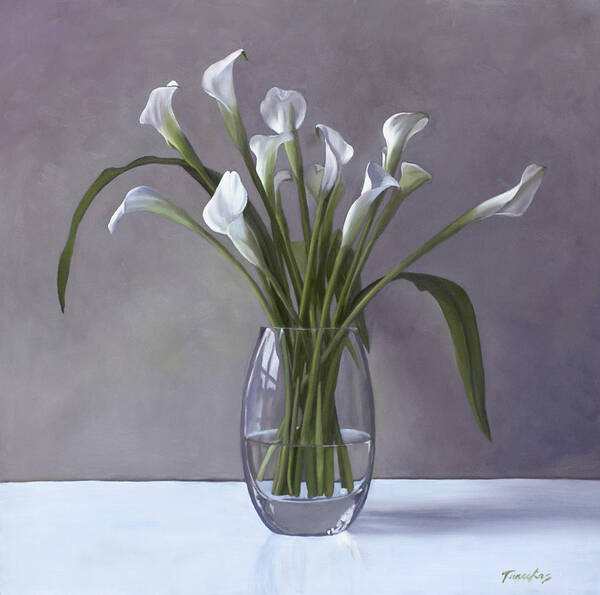 Calla Poster featuring the painting Calla Lilies in a vase #1 by Linda Tenukas