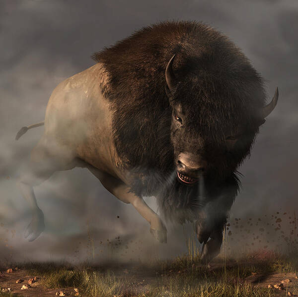 Bison Poster featuring the digital art Charging Bison #1 by Daniel Eskridge