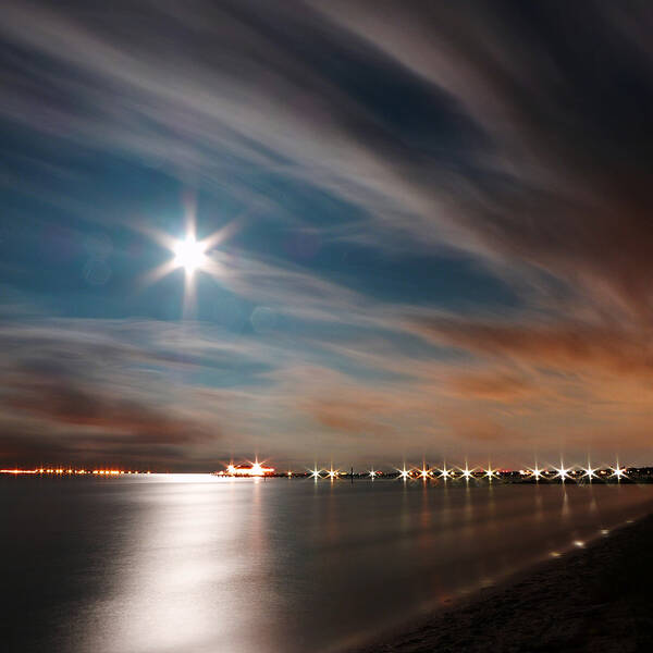 Rolf Bertram Poster featuring the photograph Moon Rise over Anna Maria Island Historic City Pier #1 by Rolf Bertram