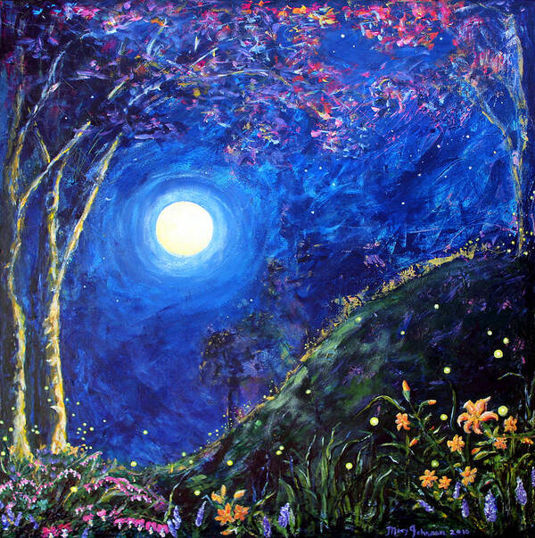 Moon Poster featuring the painting Night Lilies #1 by Mary C Farrenkopf