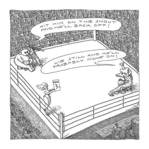 Sports Boxing Wild Animals 

(a Bear And An Alligator In A Boxing Ring Getting Advice On The Other's Natural Weaknesses. Trainer To Bear Poster featuring the drawing New Yorker April 3rd, 2006 by John O'Brien