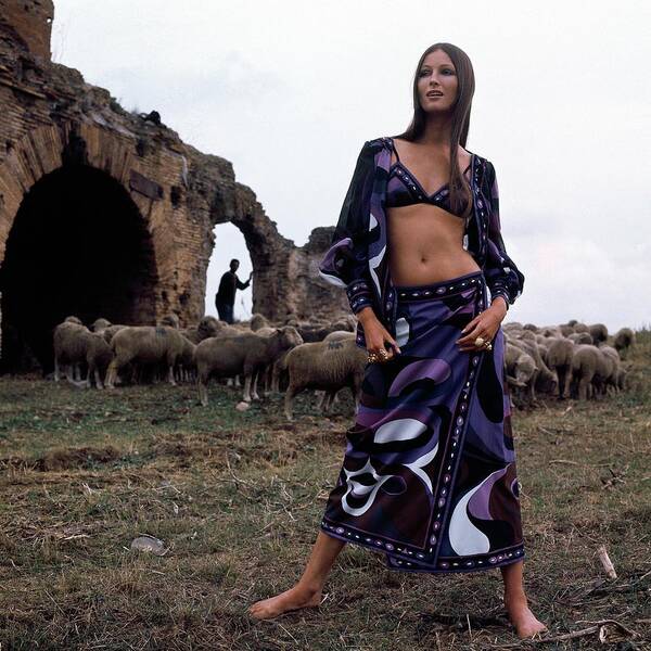 Accessories Poster featuring the photograph A Model Wearing A Purple Pucci Pattern by Henry Clarke