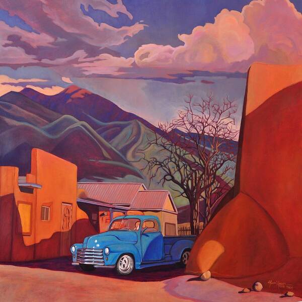 Old Poster featuring the painting A Teal Truck in Taos by Art West