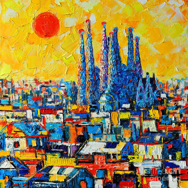 Barcelona Poster featuring the painting Abstract Sunset Over Sagrada Familia In Barcelona by Ana Maria Edulescu