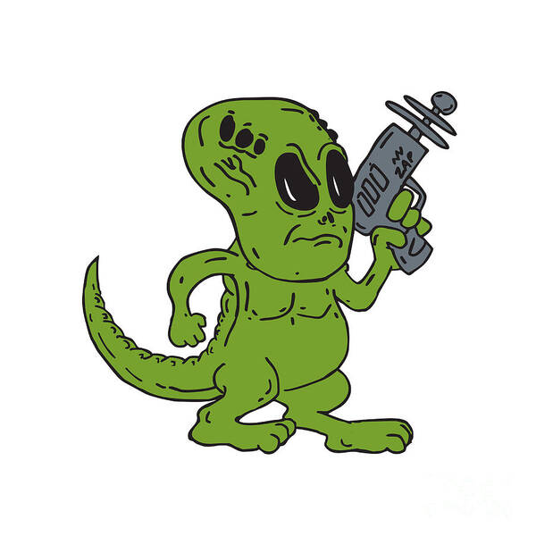 Alien Dinosaur Holding Ray Gun Cartoon Poster by Aloysius Patrimonio -  Pixels