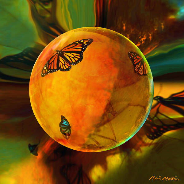 Butterflies Poster featuring the digital art Ambered Butterfly Orb by Robin Moline