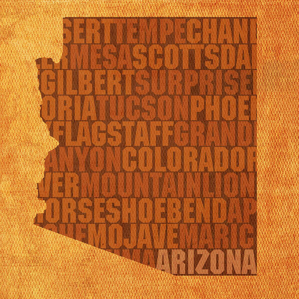 Arizona Word Art State Map On Canvas Phoenix Flagstaff Tucson Grand Canyon Desert Yuma Scottsdale Cactus Usa Poster featuring the mixed media Arizona Word Art State Map on Canvas by Design Turnpike