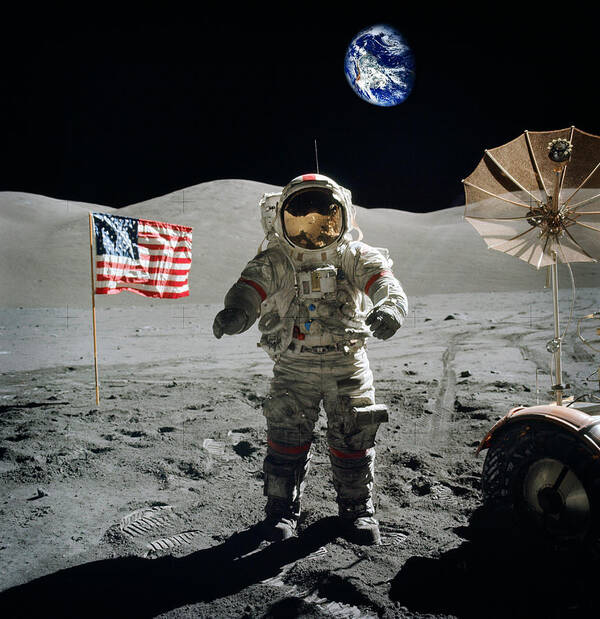 Full Moon Poster featuring the photograph Astronaut on the lunar surface earth on the background by Celestial Images
