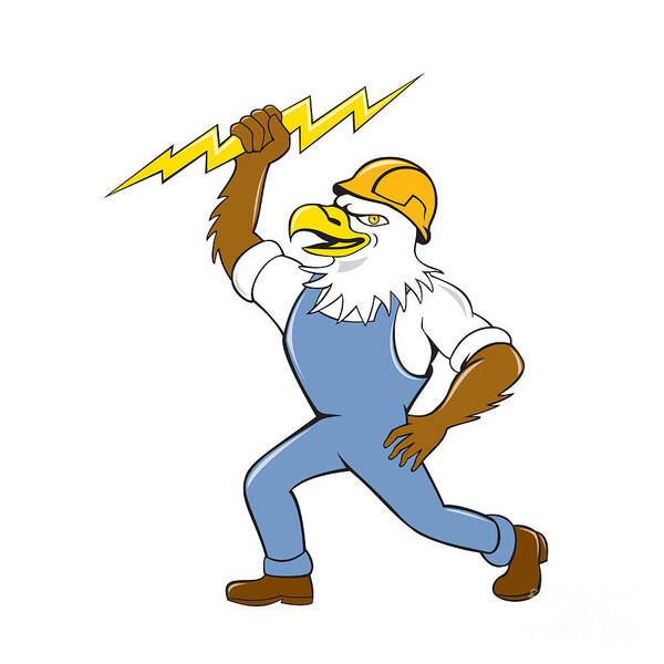 Bald Eagle Poster featuring the digital art Bald Eagle Electrician Lightning Bolt Standing Cartoon by Aloysius Patrimonio