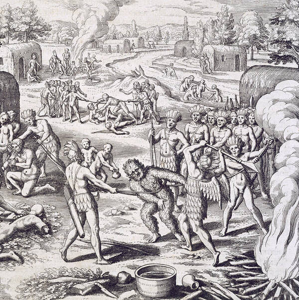 Theodore De Bry Poster featuring the painting Battle between Tuppin tribes by Theodore De Bry