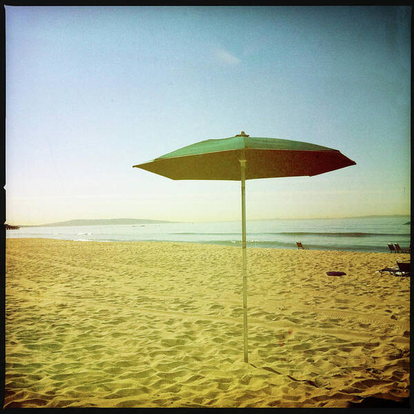 Transfer Print Poster featuring the photograph Beach Umbrella On Sand by Denise Taylor