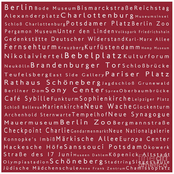 City Poster featuring the digital art Berlin in Words Red by Sabine Jacobs