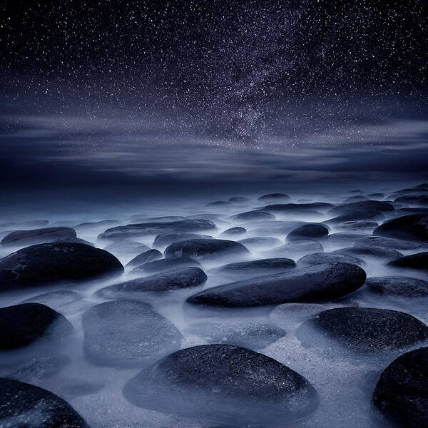 Night Beach Stars Portugal Waterscape Mood Ocean Scenic Landscape Sea Rocks Water Seascape Clouds Blue Longexposure Nature Europe European Milky Way Poster featuring the photograph Beyond our Imagination by Jorge Maia