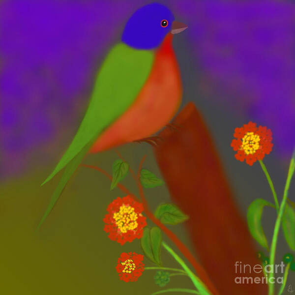 Bird Painting Poster featuring the digital art Bird with Lantana flowers by Latha Gokuldas Panicker