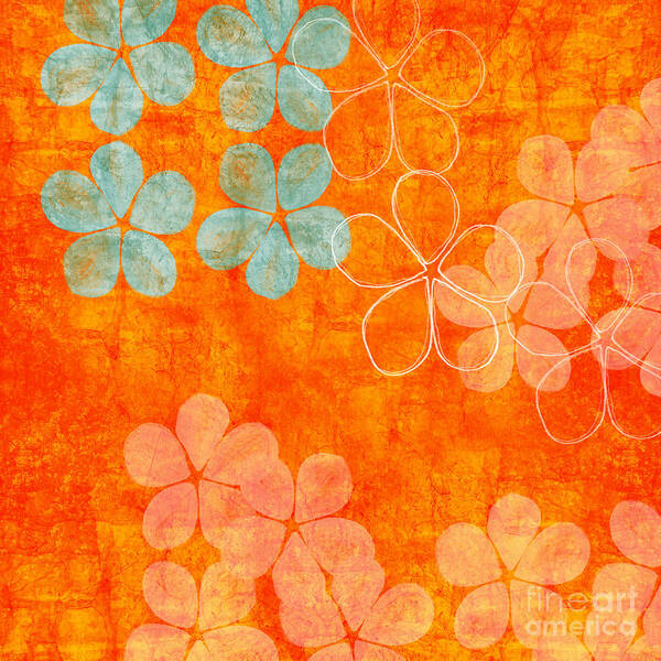 Abstract Poster featuring the painting Blue Blossom on Orange by Linda Woods