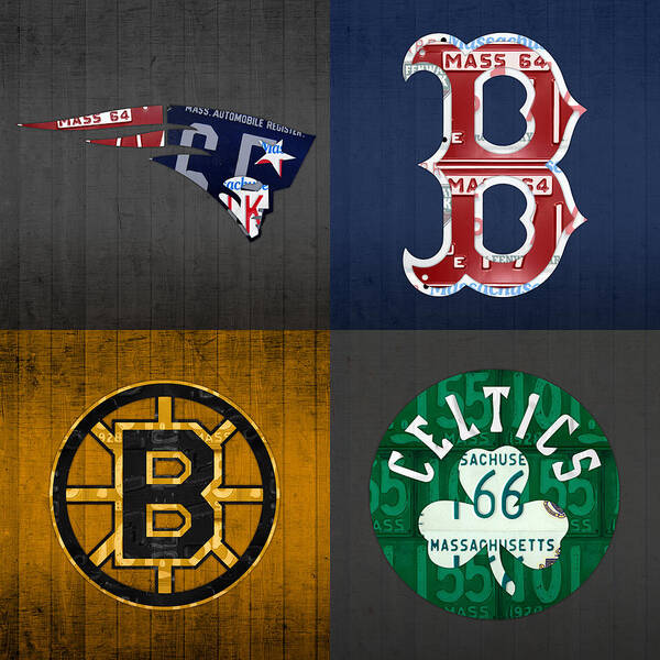 Boston Poster featuring the mixed media Boston Sports Fan Recycled Vintage Massachusetts License Plate Art Patriots Red Sox Bruins Celtics by Design Turnpike