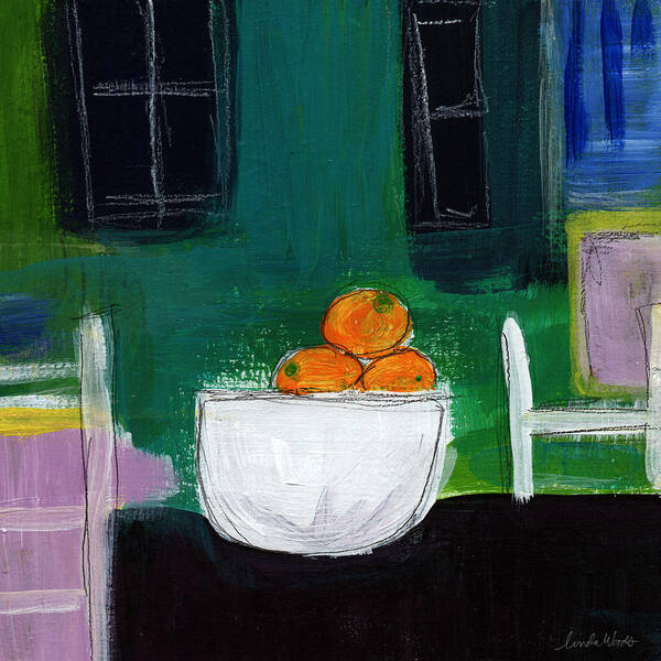 Oranges Poster featuring the painting Bowl of Oranges- Abstract Still Life Painting by Linda Woods