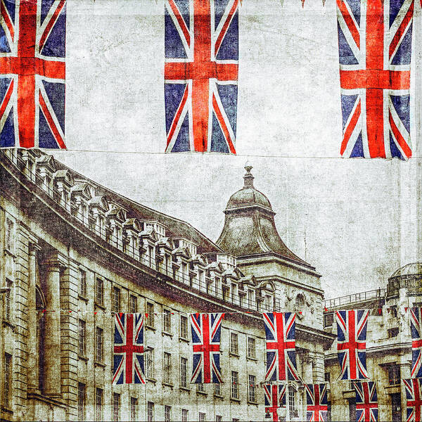 Hanging Poster featuring the photograph British Flags Flying Above Regent St by Doug Armand