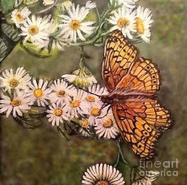Golden Brown Butterfly Classic White With Yellow Daisies Golden Brown Mottled Background Poster featuring the mixed media Butterfly Delight by Kimberlee Baxter