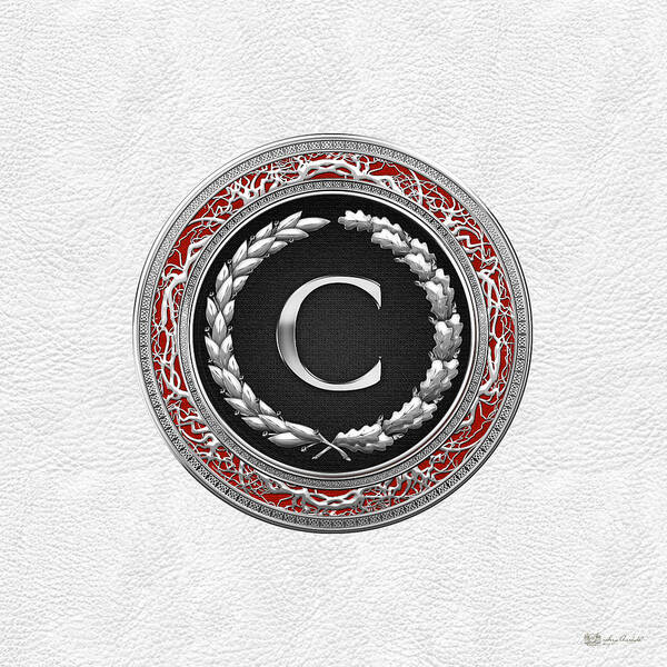 C7 Vintage Monograms 3d Poster featuring the digital art C - Silver Vintage Monogram on White Leather by Serge Averbukh