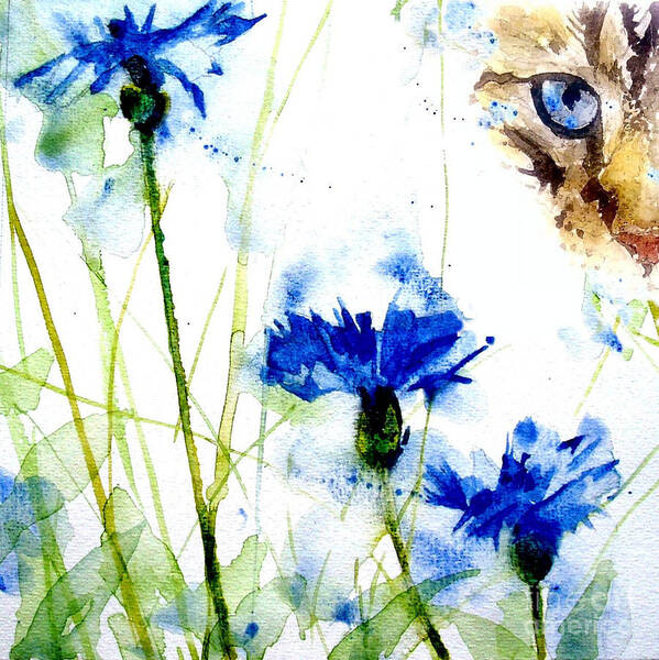 Tabby Poster featuring the painting Cat in the cornflowers by Paul Lovering