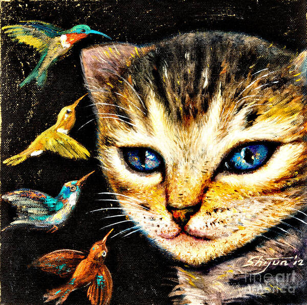 Cat Poster featuring the painting Cat with Hummingbirds by Shijun Munns