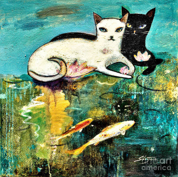 Black Cat Poster featuring the painting Cats with koi by Shijun Munns