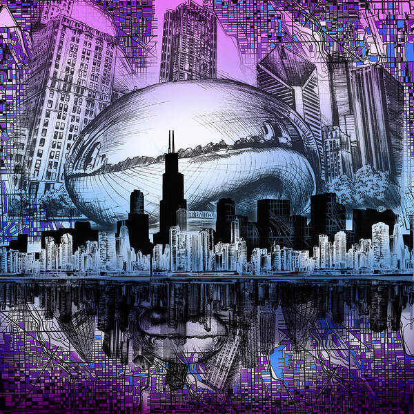 Chicago Skyline Poster featuring the digital art Chicago Skyline Drawing Collage 2 by Bekim M