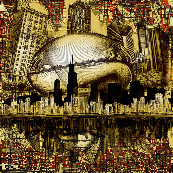 Chicago Skyline Poster featuring the digital art Chicago Skyline Drawing Collage 3 by Bekim M
