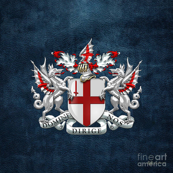 'cities Of The World' Collection By Serge Averbukh Poster featuring the digital art City of London - Coat of Arms over Blue Leather by Serge Averbukh