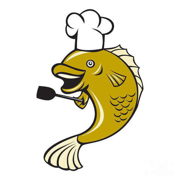 Cook Chef Largemouth Bass Fish Spatula Cartoon Poster by Aloysius