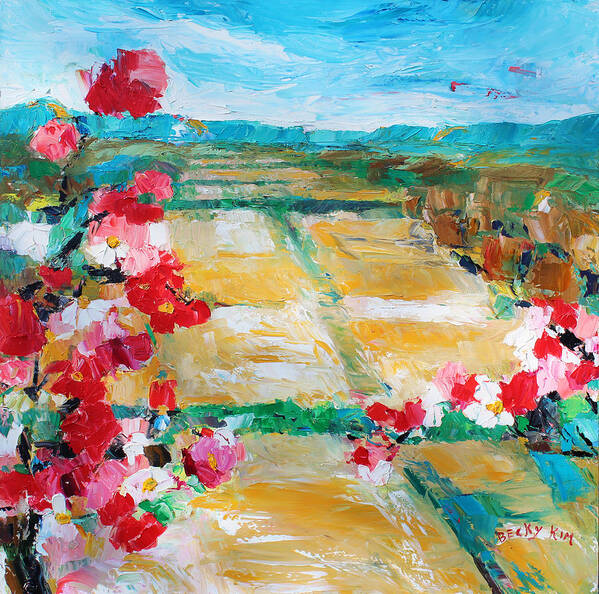 Oil Poster featuring the painting Cosmos In The Field 2 by Becky Kim